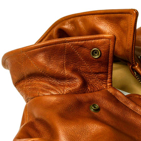 material shot of the collar on The Moto Jacket in Whiskey Steerhide, Outerwear by Taylor Stitch