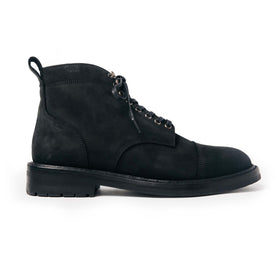 material shot of the side of The Moto Boot in Black Weatherproof Nubuck, Footwear by Taylor Stitch