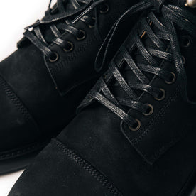 material shot of the shoelaces on The Moto Boot in Black Weatherproof Nubuck, Footwear by Taylor Stitch