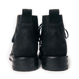 material shot of the back of The Moto Boot in Black Weatherproof Nubuck, Footwear by Taylor Stitch