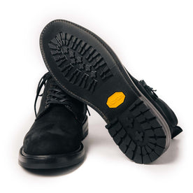 material shot of the Vibram Sole on The Moto Boot in Black Weatherproof Nubuck, Footwear by Taylor Stitch