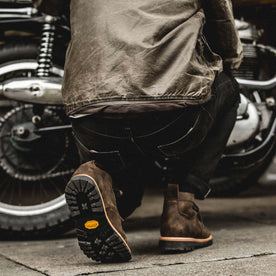 fit model showing of Vibram Sole on The Moto Boot in Espresso Grizzly, Footwear by Taylor Stitch