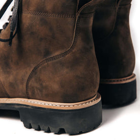 material shot of the back of The Moto Boot in Espresso Grizzly, Footwear by Taylor Stitch