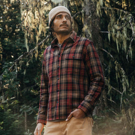 fit model posing in The Moto Utility Shirt in Cardinal Plaid, Wovens by Taylor Stitch