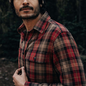 fit model showing off pocket detail on The Moto Utility Shirt in Cardinal Plaid, Wovens by Taylor Stitch