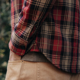 fit model showing hem on The Moto Utility Shirt in Cardinal Plaid, Wovens by Taylor Stitch