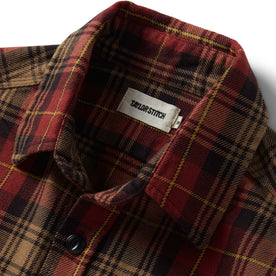 material shot of the collar on The Moto Utility Shirt in Cardinal Plaid, Wovens by Taylor Stitch