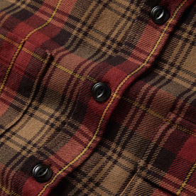 material shot of the buttons on The Moto Utility Shirt in Cardinal Plaid, Wovens by Taylor Stitch