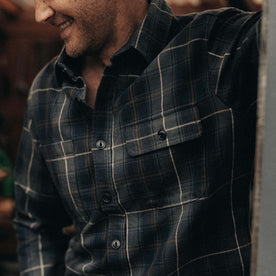 fit model showing pocket detail on The Moto Utility Shirt in Shale Plaid, Wovens by Taylor Stitch