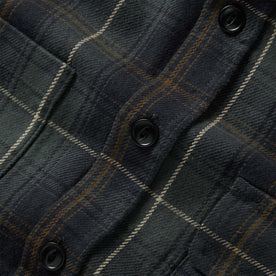 material shot of the buttons on The Moto Utility Shirt in Shale Plaid, Wovens by Taylor Stitch