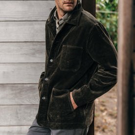 fit model with his hands in his pockets wearing The Ojai Jacket in Army Cord, Outerwear by Taylor Stitch