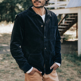 fit model with his hands in his pockets wearing The Ojai Jacket in Coal Cord, Outerwear by Taylor Stitch