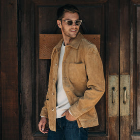 fit model posing in The Ojai Jacket in Cognac Suede, Outerwear by Taylor Stitch