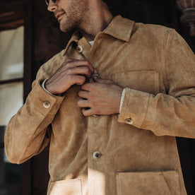 fit model buttoning up The Ojai Jacket in Cognac Suede, Outerwear by Taylor Stitch