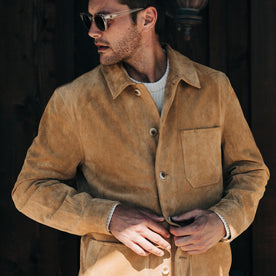 fit model unbottoning The Ojai Jacket in Cognac Suede, Outerwear by Taylor Stitch