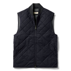 flatlay of The Quilted Bomber Vest in Navy Dry Wax, Outerwear by Taylor Stitch