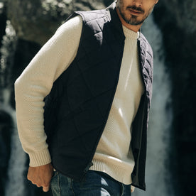 fit model showing off The Quilted Bomber Vest in Navy Dry Wax, Outerwear by Taylor Stitch