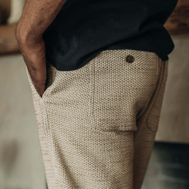 fit model showing the back of The Apres Pant in Natural Sashiko , Bottoms by Taylor Stitch