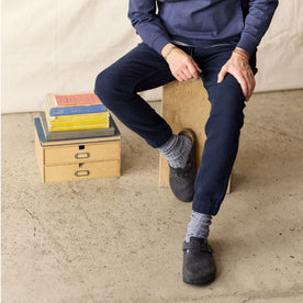 fit model with his hand in his pocket of The Apres Pant in Navy Sashiko, Bottoms by Taylor Stitch