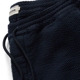 material shot of the drawstring and band of The Apres Pant in Navy Sashiko, Bottoms by Taylor Stitch