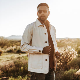 our fit model wearing The Ojai Jacket in Natural Reverse Sateen, Outerwear by Taylor Stitch