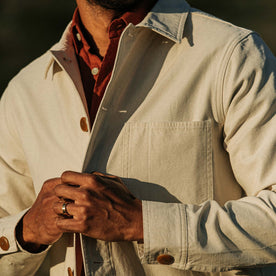 our fit model wearing The Ojai Jacket in Natural Reverse Sateen, Outerwear by Taylor Stitch