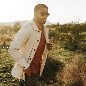 our fit model wearing The Ojai Jacket in Natural Reverse Sateen, Outerwear by Taylor Stitch