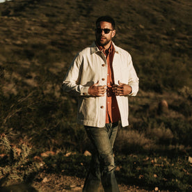 our fit model wearing The Ojai Jacket in Natural Reverse Sateen, Outerwear by Taylor Stitch