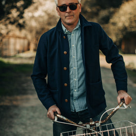 our fit model wearing The Ojai Jacket in Navy Boiled Wool, Outerwear by Taylor Stitch