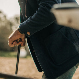 our fit model wearing The Ojai Jacket in Navy Boiled Wool, Outerwear by Taylor Stitch