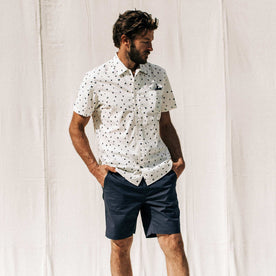 our fit model wearing The Short Sleeve Hawthorne in Brush Dot, Wovens by Taylor Stitch