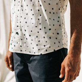 our fit model wearing The Short Sleeve Hawthorne in Brush Dot, Wovens by Taylor Stitch