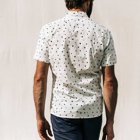 our fit model wearing The Short Sleeve Hawthorne in Brush Dot, Wovens by Taylor Stitch