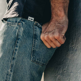 our fit model wearing The Democratic Jean in 24-Month Wash Japanese Selvage—back detail shot, Denim by Taylor Stitch