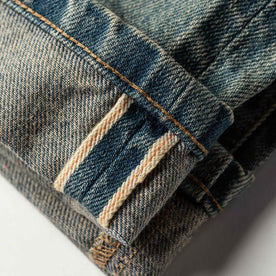 material shot of The Democratic Jean in 24-Month Wash Japanese Selvage—selvage coloring closeup, Denim by Taylor Stitch