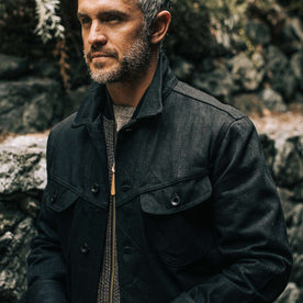 our fit model wearing The Long Haul Jacket in Black Selvage, Outerwear by Taylor Stitch