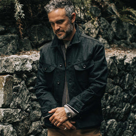 our fit model wearing The Long Haul Jacket in Black Selvage, Outerwear by Taylor Stitch