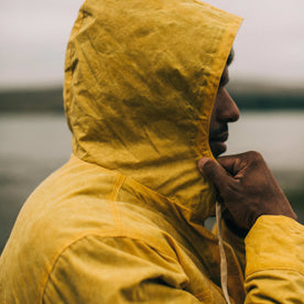 our fit model wearing The Winslow Parka in Mustard Waxed Canvas, Outerwear by Taylor Stitch