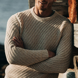 fit model wearing The Adirondack Sweater in Natural, cropped shot of chest, Knits by Taylor Stitch