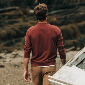 fit model wearing The Crewneck in Brick Red Terry, back shot, Knits by Taylor Stitch