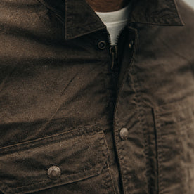 fit model wearing The Longshore Jacket in Dark Oak Waxed Canvas, cropped of chest, Outerwear by Taylor Stitch