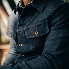 The Long Haul Jacket in Indigo Boss Duck—cropped shot of chest, Outerwear by Taylor Stitch