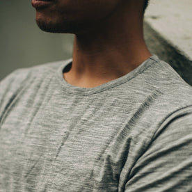 our fit model wearing The Merino Tee—in the grey colorway, cropped shot of chest, Knits by Taylor Stitch