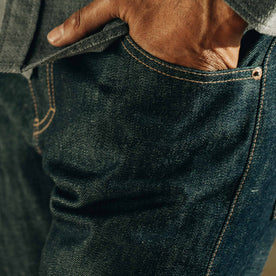 our fit model wearing The Slim Everyday Jean—cropped shot of pocket detail, Bottoms by Taylor Stitch