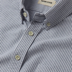 material shot of the collar and buttons on The Jack in Navy University Stripe Everyday Oxford, Wovens by Taylor Stitch