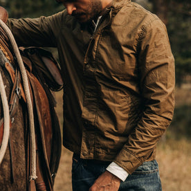 fit model wearing The Bomber Jacket in Field Tan Wax Canvas, chest shot, Outerwear by Taylor Stitch