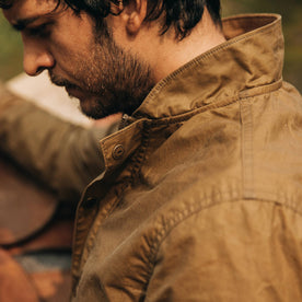 fit model wearing The Bomber Jacket in Field Tan Wax Canvas, side, Outerwear by Taylor Stitch