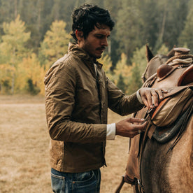 fit model wearing The Bomber Jacket in Field Tan Wax Canvas, right side, Outerwear by Taylor Stitch