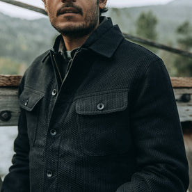 fit model wearing The Long Haul Jacket in Black Indigo Sashiko—cropped shot of chest, Outerwear by Taylor Stitch