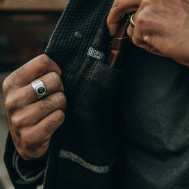 fit model wearing The Long Haul Jacket in Black Indigo Sashiko—interior shot, Outerwear by Taylor Stitch